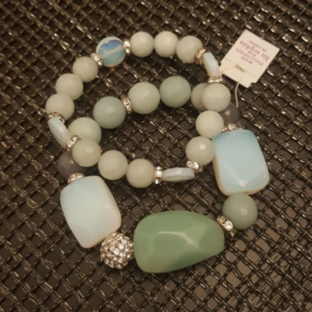 Lia Sophia Green Stone Crystal Stretch Bracelet Set